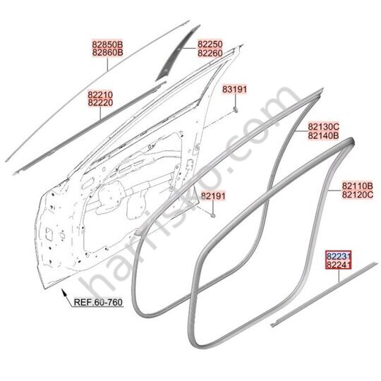 ВНУТРЕННИЙ УПЛОТНИТЕЛЬ СТЕКЛА ПЕРЕДНЕЙ ДВЕРИ ЛЕВЫЙ НА HYUNDAI SONATA DN8 РЕСТАЙЛИНГ 82230L1500